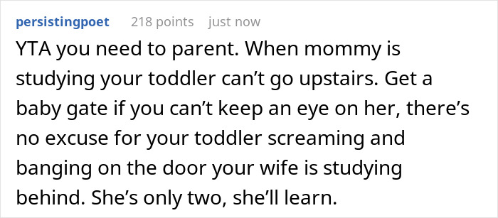 Comment criticizing dad for not managing toddler while mom studies, highlighting toddler behavior and parenting challenge.