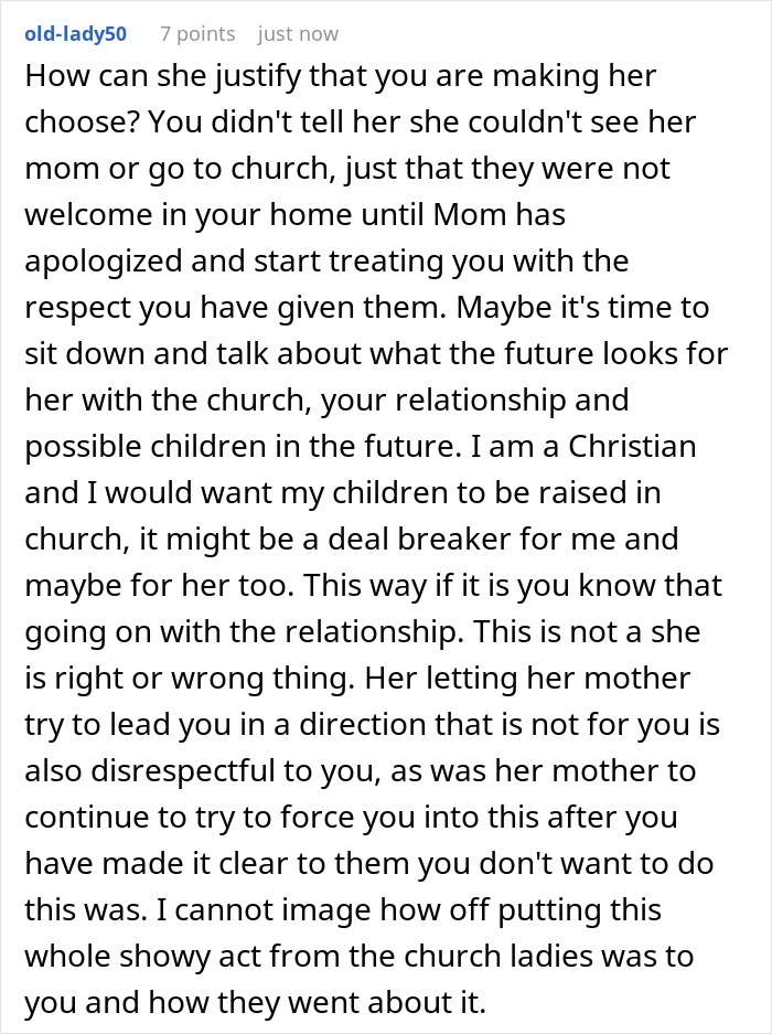 Comment text discussing the religious lady's efforts to convert her daughter's non-religious boyfriend and the resulting family conflict.
