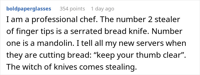 Screenshot of a user comment explaining why a serrated bread knife is a dangerous gift and how to avoid finger injuries.