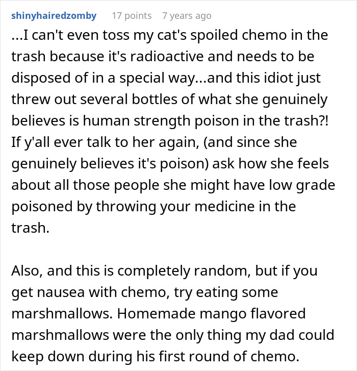 Comment discussing challenges of chemotherapy waste disposal and advice for chemo-related nausea relief with marshmallows.
