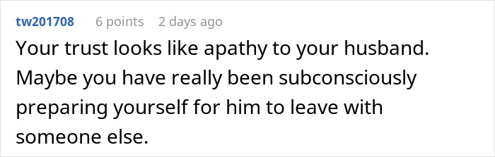 Screenshot of a woman venting about her husband leaving her due to trust and lack of jealousy issues.