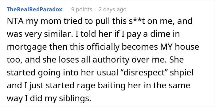 Screenshot of a Reddit comment discussing a woman who demands a child drop out of college to pay her bills.