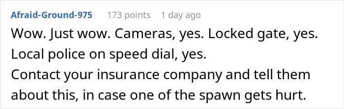 Screenshot of a forum comment discussing locked gate and police involvement related to neighbor labeled child-hating hermit.