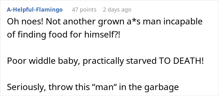 Screenshot of online comment criticizing man for reacting badly to traditional gross food instead of American dishes. Screenshot of online comment criticizing man for reacting badly to traditional gross food instead of American dishes.