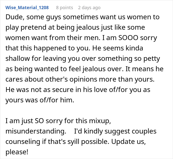 Comment expressing sympathy for a woman whose husband left her because she trusts him and does not get jealous.