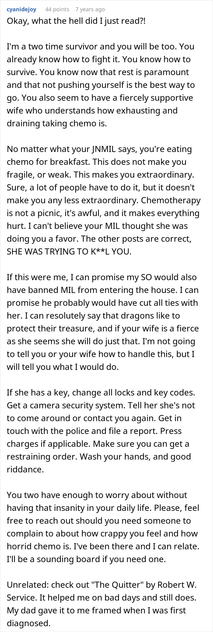 Comment discussing a man suffering from cancer and toxic relationship issues with his mother-in-law during chemotherapy.