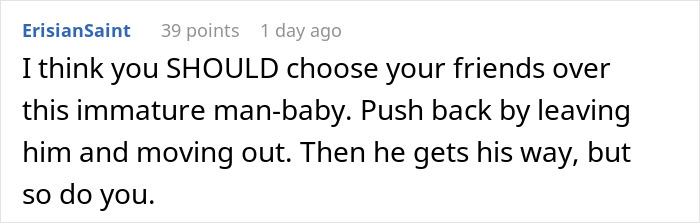 Reddit comment advising to choose friends over immature boyfriend, boyfriend ban friends relationship advice screenshot