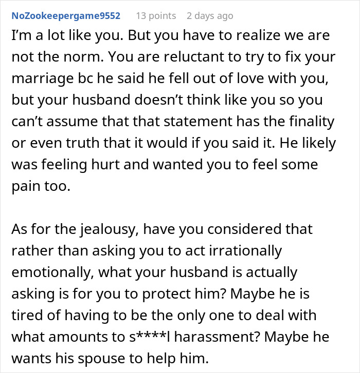 Comment discussing a woman venting about her husband leaving due to trust and lack of jealousy in their marriage issues.