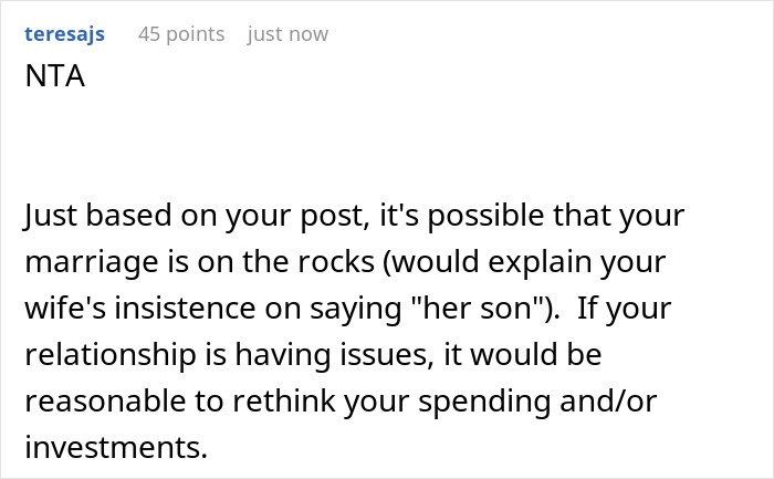 User comment discussing family money issues and spending concerns related to stepson and college expenses.