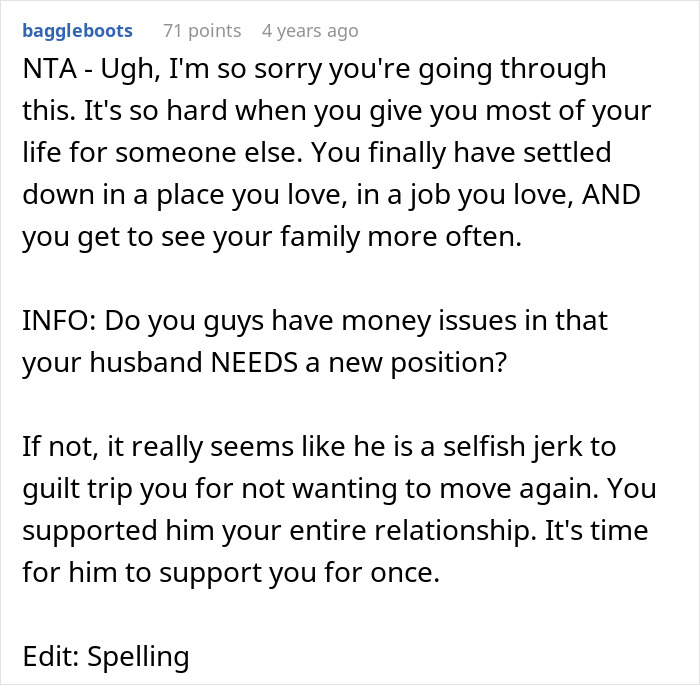Screenshot of a Reddit comment discussing a woman refusing to move again after relocating for her husband&rsquo;s career.