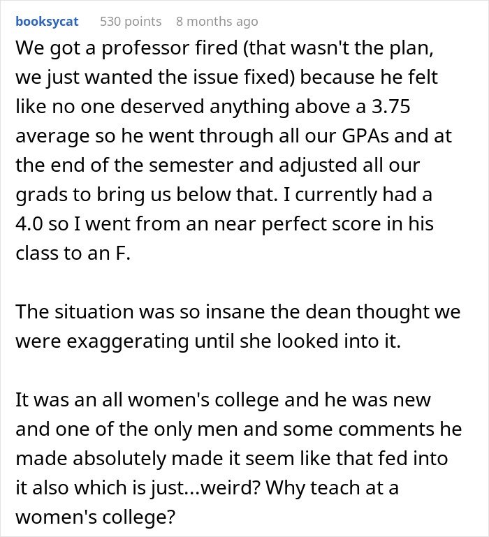 Reddit comment detailing students pushing back after professor enforces phone rule risking class failure.