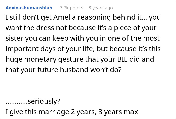 Comment discussing conflict over a daughter’s wedding dress as mom clings to it, causing tension with older daughter. Comment discussing conflict over a daughter’s wedding dress as mom clings to it, causing tension with older daughter.