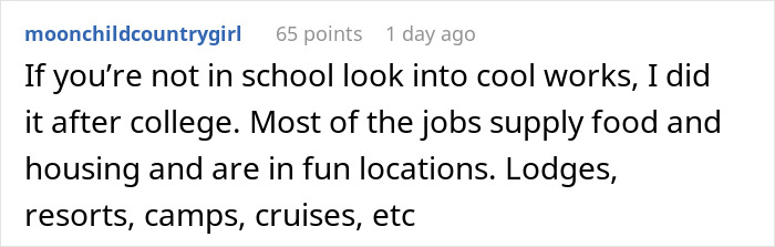 Comment from moonchildcountrygirl1 discussing job opportunities offering food and housing in resorts, camps, and cruises after college.