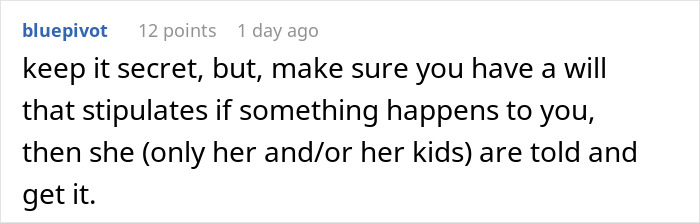 Screenshot of an online comment discussing keeping a secret fund for a worried woman about her tradwife sister.