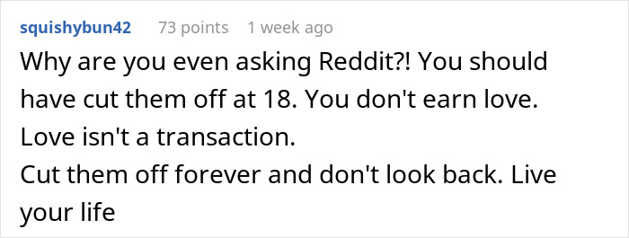 Comment on Reddit warning about cutting off toxic family members, reflecting Golden Child sibling drama and parents&rsquo; reaction.