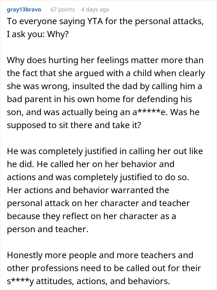 Comment discussing a teacher getting schooled by a kid, with the dad putting her in her place over behavior and facts.