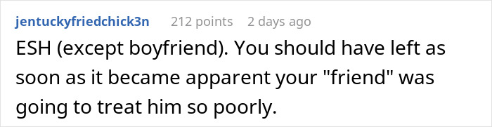Screenshot of a Reddit comment discussing drama when a birthday host excludes bestie&rsquo;s boyfriend from the party table.