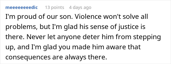 Comment expressing pride in son after he punches a bully, highlighting sense of justice and awareness of consequences.