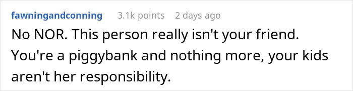 Comment about a woman helping a new friend with kids, realizing she was just being used, shared on a social platform.