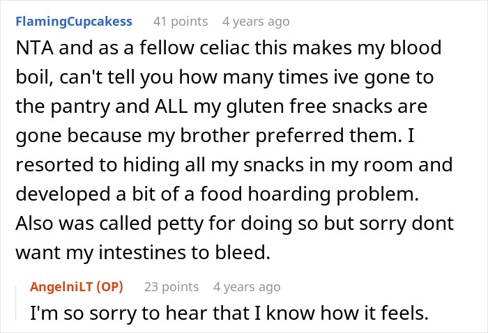 Reddit user shares frustration about refusing give food to little niece due to gluten-free snack hoarding issues.