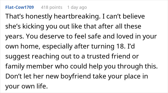 Comment expressing heartbreak over mom throwing child out after 18, urging support and caution about new boyfriend influence.