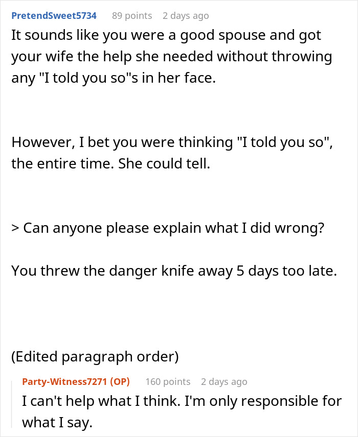 Text excerpt from an online discussion about a husband telling his wife not to use a dangerous gift from her mom.