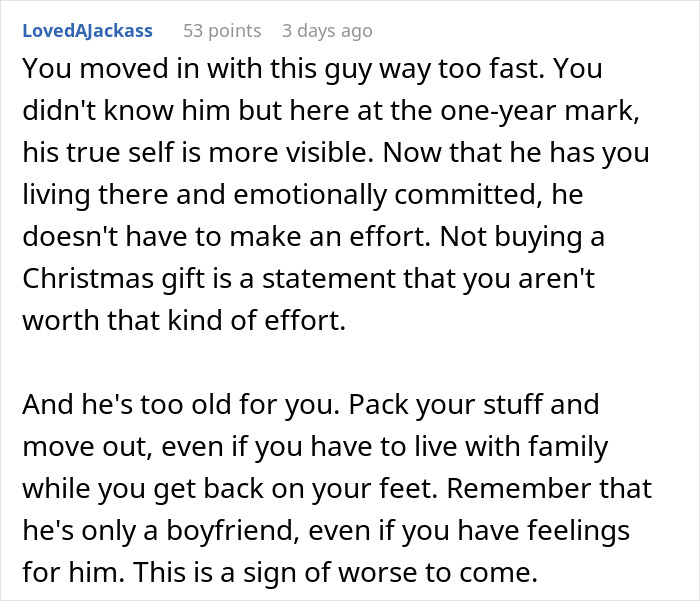 Alt text: Comment criticizing man for failing to buy Christmas presents, highlighting relationship and commitment issues.