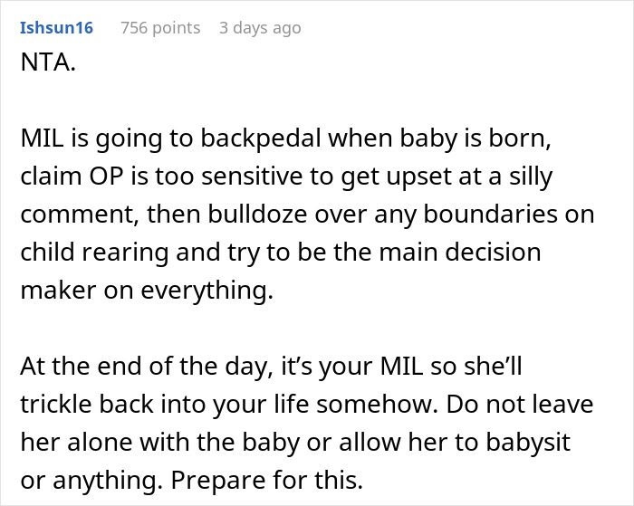 Comment discussing in-laws trying to claim naming rights and parents setting boundaries on child rearing decisions. Comment discussing in-laws trying to claim naming rights and parents setting boundaries on child rearing decisions.