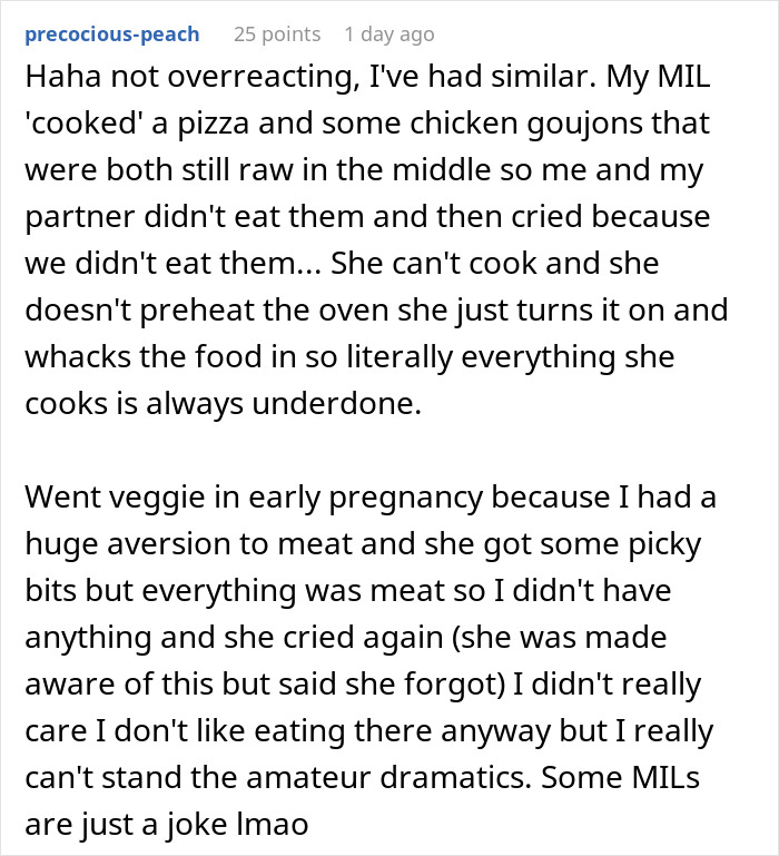 Comment describing MIL&rsquo;s undercooked food and spoiled meals, highlighting expired food in her pantry.