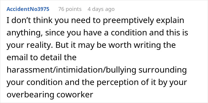 Reddit comment discussing harassment and bullying by an overbearing coworker related to disability perception.