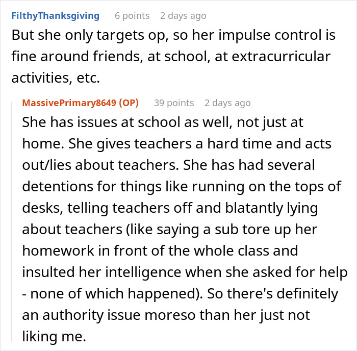 Text conversation discussing a woman snapping and kicking her fianc&eacute; and stepdaughter out, reflecting on impulse control issues.