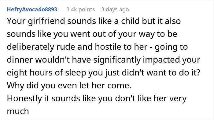 Screenshot of a Reddit comment discussing a man losing it over his girlfriend misunderstanding his business trip as a romantic getaway.