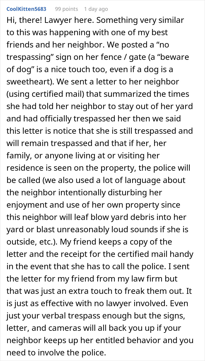 Comment about neighbor dispute over trespassing and child-hating hermit label for blocking kids from yard passage.