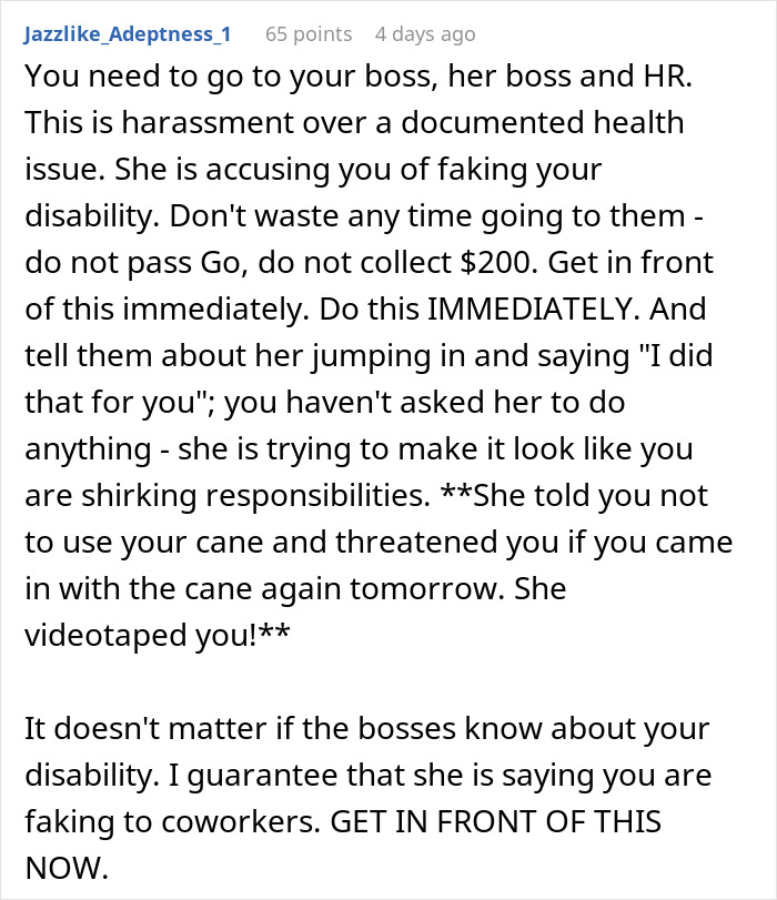 Workplace harassment involving a woman filming her coworker to prove she is not actually disabled