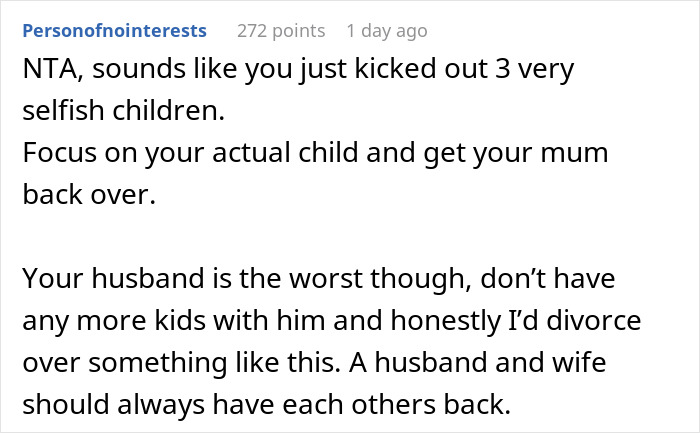 Comment discussing a new mom kicking out husband and in-laws for not helping with baby and family support issues.