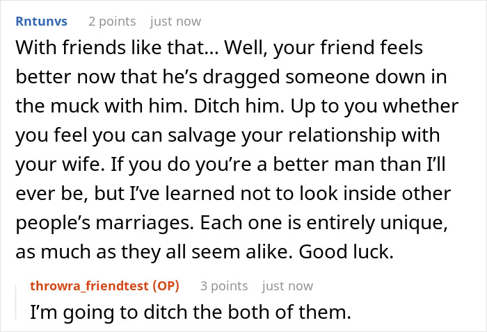 Screenshot of a Reddit conversation about a friend catfishing a married woman, impacting a 10-year marriage.