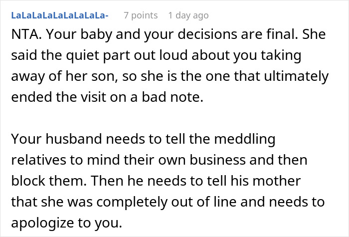 Reddit comment screenshot about mom takes her baby leaving MIL after meddling over feeding