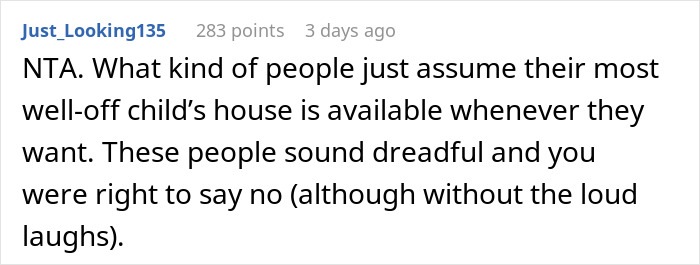 Screenshot of a Reddit comment discussing in-laws refusing childcare help and wanting to move in uninvited.
