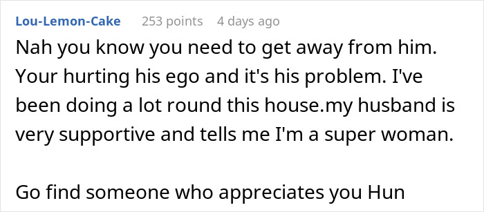 Screenshot of an online comment discussing a woman ready to dump her boyfriend who feels emasculated when she fixes things.