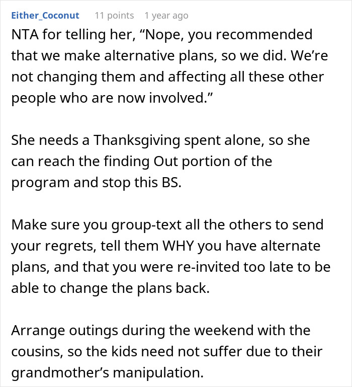 Reddit comment explaining a woman refusing to attend MIL&rsquo;s Thanksgiving after being reinvited due to guests flaking.
