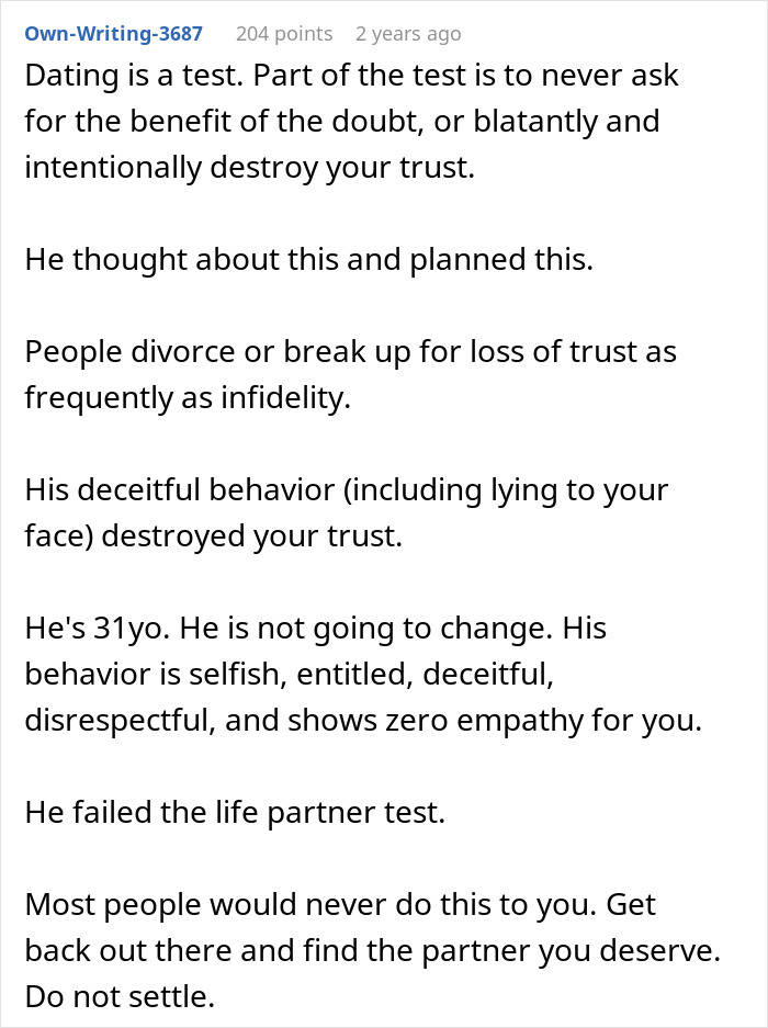 Text post discussing a lying boyfriend who went on a trip with a female friend, highlighting betrayal and lost trust.