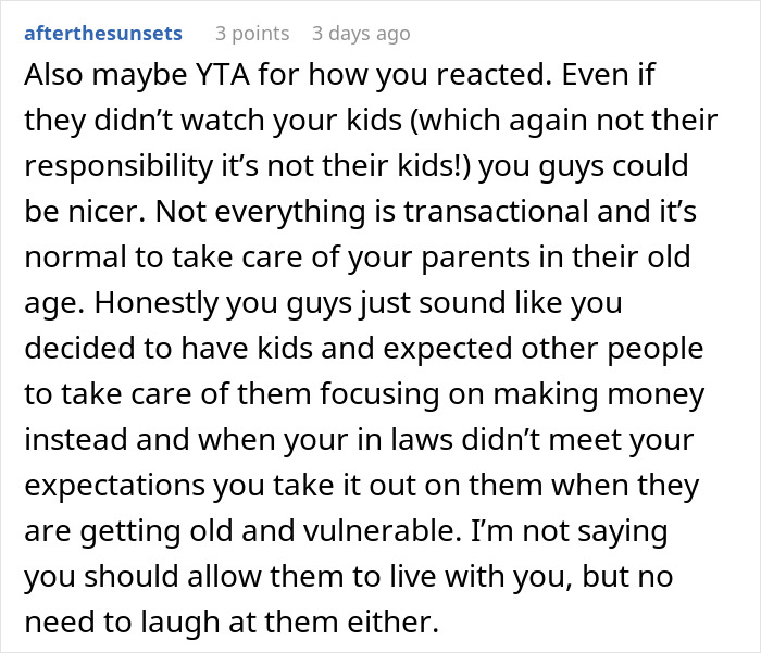Reddit comment discussing in‑laws refusing childcare help and tensions about them wanting to move in and family dynamics.