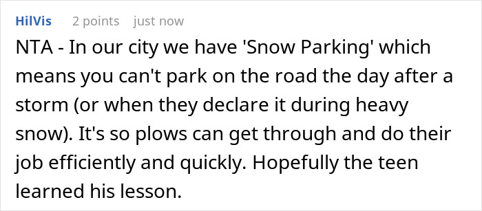 Comment explaining snow parking rules preventing neighbours from illegally parking car during snowstorm for efficient plowing. Comment explaining snow parking rules preventing neighbours from illegally parking car during snowstorm for efficient plowing.