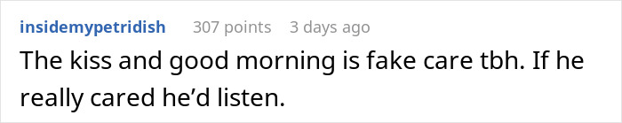 Comment text in a forum discussing annoyance with a man's lovey-dovey morning kisses and I love yous.