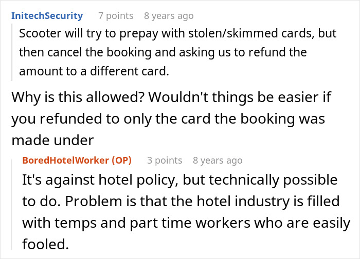 Online discussion about hotel receptionist blocking scammer&rsquo;s $2k laundering attempt and preventing fraud with booking refunds.