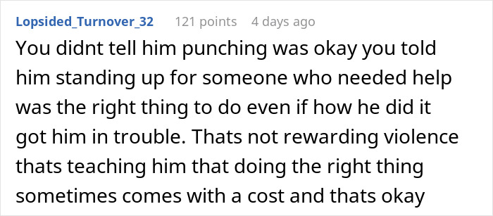 Comment discussing teaching a son about standing up to bullies and the consequences of his actions.