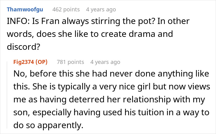 Online discussion about mom urging son not to marry girlfriend after high school and girlfriend holding grudge years later. Online discussion about mom urging son not to marry girlfriend after high school and girlfriend holding grudge years later.