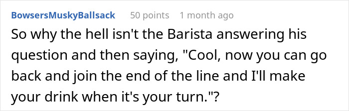 Screenshot of a comment debating a coffee line skip, mentioning a barista and a customer trying to beat the system. - 20