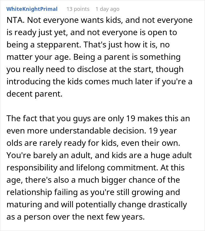 Reddit user explanation about whether a man was wrong for dumping his girlfriend because she has kids and parenting responsibilities. Reddit user explanation about whether a man was wrong for dumping his girlfriend because she has kids and parenting responsibilities.