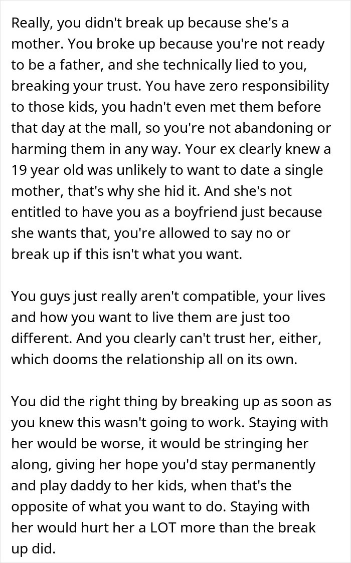Text-based image showing relationship advice about breaking up due to trust issues and dating a single mother with kids. Text-based image showing relationship advice about breaking up due to trust issues and dating a single mother with kids.